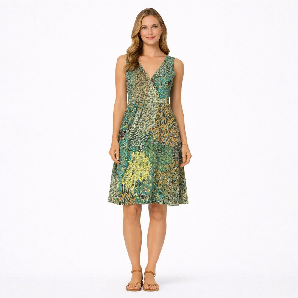 moa moa V Neck Fit & Flare Dress Feather Print Green Yellow M